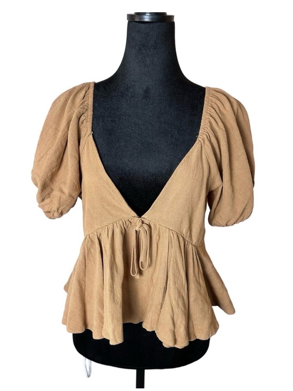 Vici Tan Puff Sleeve Peplum Tie-Front Top